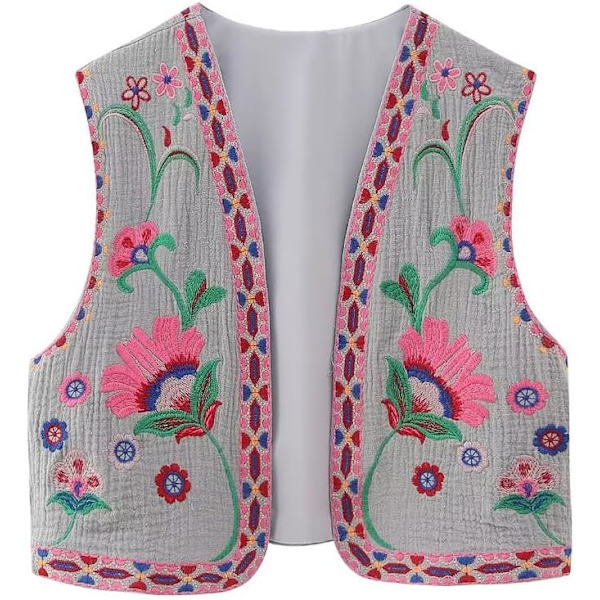 ivimos Dam bomullsbeskuren väst vår sommar ärmlös blomsterbroderi öppen framsida vintage kofta grå-rosa X-Large