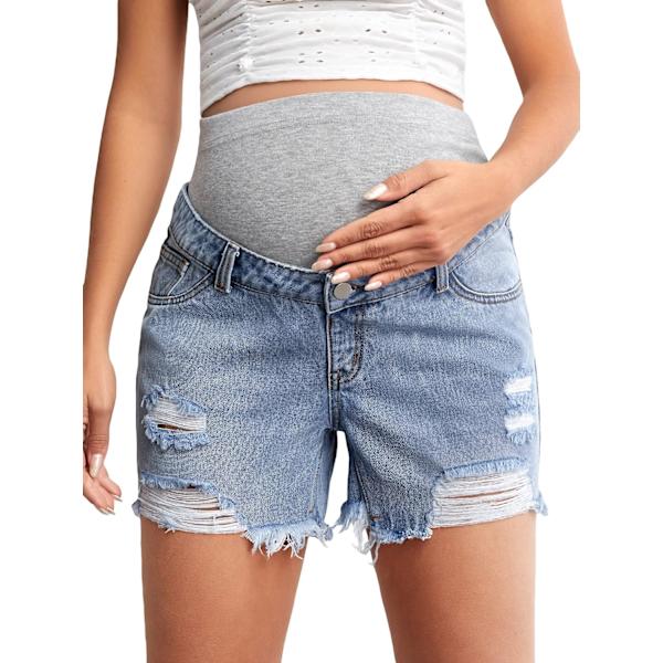 dusa Dam graviditetsdenimshorts med hög midja, riven rå fåll, gravidjeans, korta, grå, ljusblå, X-Large