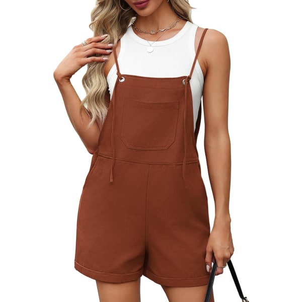 EFAN Dam Shorts Overalls Ärmlös Justerbar Rem Kort Rompers Jumpsuit Med Ficka Röd Brun Stor