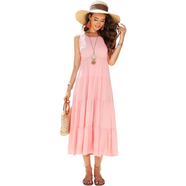 ivimos Dam Sommar Ärmlös Tank Klänning Boho Casual Smocked Rygglös Tiered Volang Flytande Midi Klänning Rosa Liten