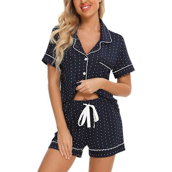 ng Dam Button Down Pyjamas Set V-hals Kortärmad Nattkläder Mjuk Pj Set S-XXL, A Style Byxor Inga A Style Byxor Inga Ficka-marinblå Med Prickar X-La