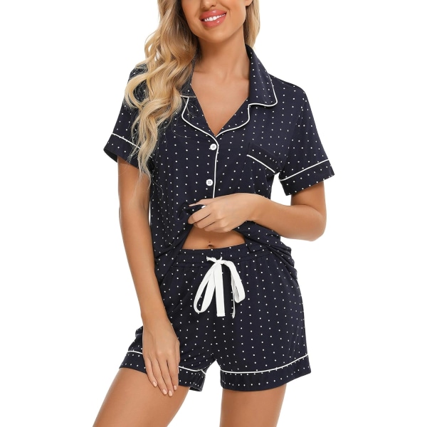 ng Dam Button Down Pyjamas Set V-hals Kortärmad Nattkläder Mjuk Pyjamas Set S-XXL, A-stil Byxor Inga A - Marinblå Med Prickar Stor