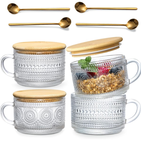 DNEOO 4-pack vintage kaffemuggar, behållare för havregrynsgröt över natten med bambulock och skedar - 14oz genomskinliga präglade glaskoppar, söta tillbehör till kaffebaren