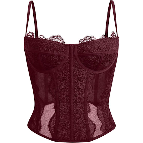 lmore Dam Sommar Spets Bustier Mesh Sexig Vintage Spaghetti Rem Öppen Rygg Benad Korsett Utgående Fest Crop Top Vinröd Medium