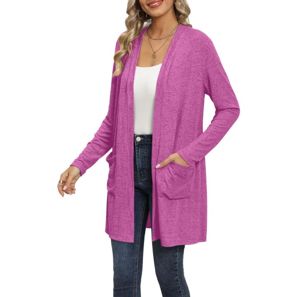 MOON Dam lång kofta 2024 höst lätt långärmad 0pen front tröja med fickor rosa X-Large
