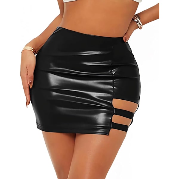 egy Kvinnors Konstläder Hög Midja Kjol Split Dragkedja Minikjol Bodycon Stretch Kjolar Svart-1 X-Small