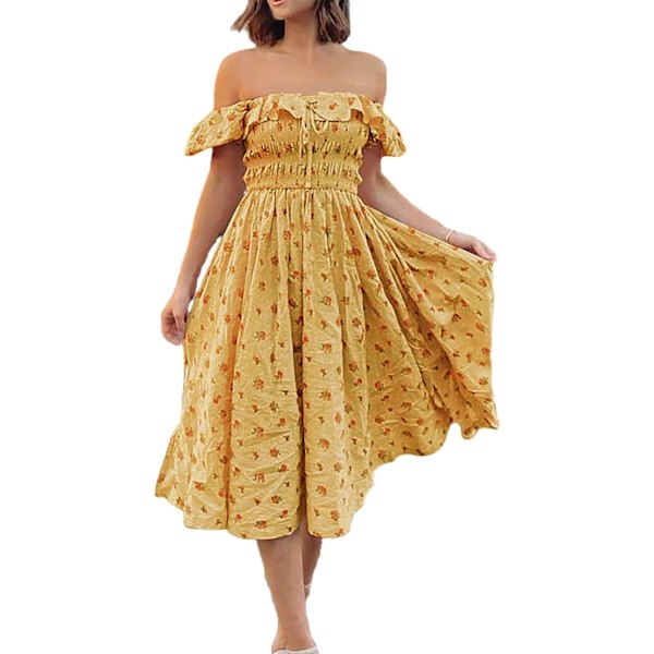 ivimos Dam Sommar Blommig Tryck Puffärmar Vintage Volanger Midiklänning Gul Medium