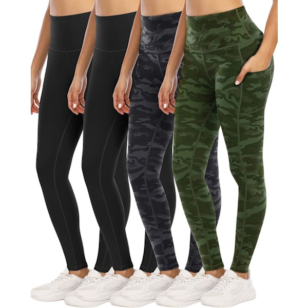 NGCHARM 4-pack leggings med fickor för kvinnor, hög midja, magkontroll, träningsyoga-byxor, 4