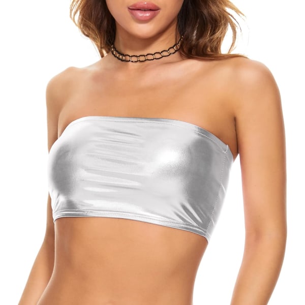 ielzana Dam Metallic Crop Top Blank Strapless Tubtopp för Dans, Raves, Festivaler, Kostymer Silver Small