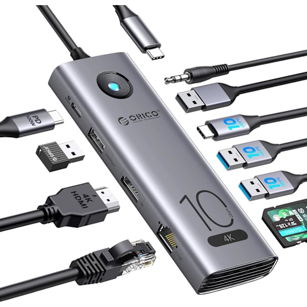 10 Gbps USB C-hubb, 6-i-1 USB-C-dockningsstation för bärbar dator till 4K@60Hz HDMI, USB 3.2 10G, 2×USB 3.0, 100W PD, Gigabit Ethernet för Dell/Surface/HP/Lenovo-bärbara datorer