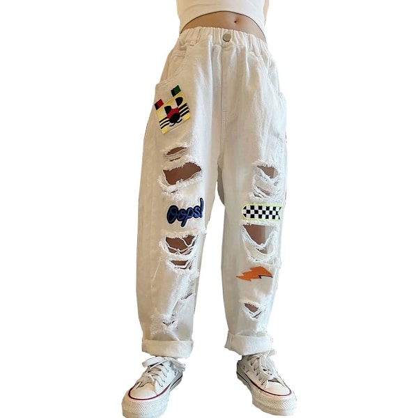 okado 4-14 år Barn Flickor Jeans Leende Tryck Färger Ripped Sliten Denimbyxor Elastisk Midja Baggy Byxor