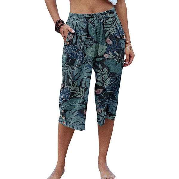 aer Dam Capribyxor Casual Cropped Byxor Elastisk Midja Sommarbyxor 3/4 Längd Byxor med Fickor S-XXL Z-skogsblad X-Large