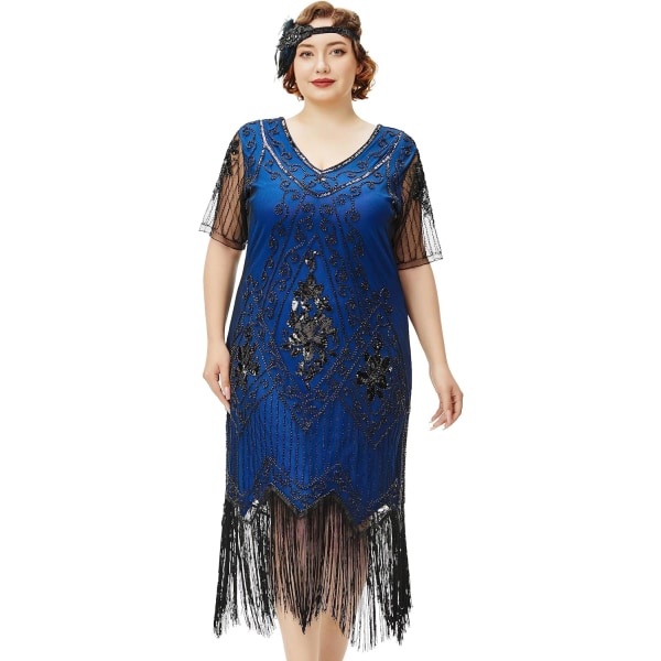 EYOND Plus Size 1920-tal Art Deco fransad paljettklänning Flapper Gatsby kostymklänning för kvinnor Blå Svart 3X-Large