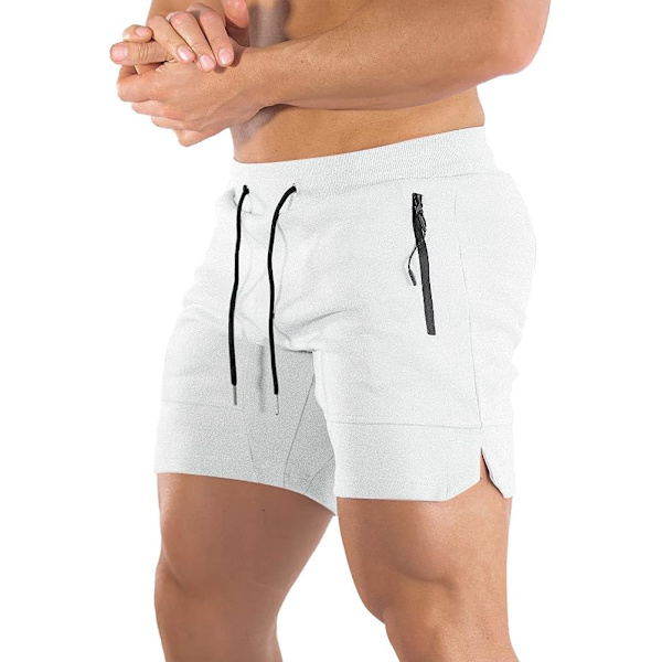 YM herr 5\" gym träningsshorts, åtsittande jogging shorts för bodybuilding löpträning med dragkedjefickor vit X-Large
