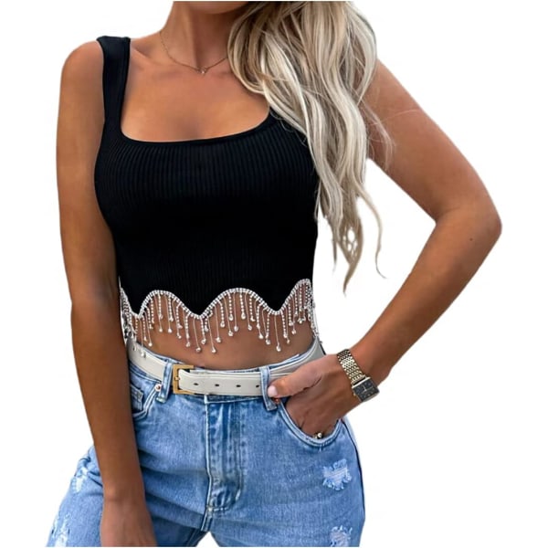 ia's Choice Kvinnor Flickor Paljett Off Shoulder Tubtopp Blus Stretchy Bröst Wrap Fest Crop Top Väst Svart Ribbad Kn Large