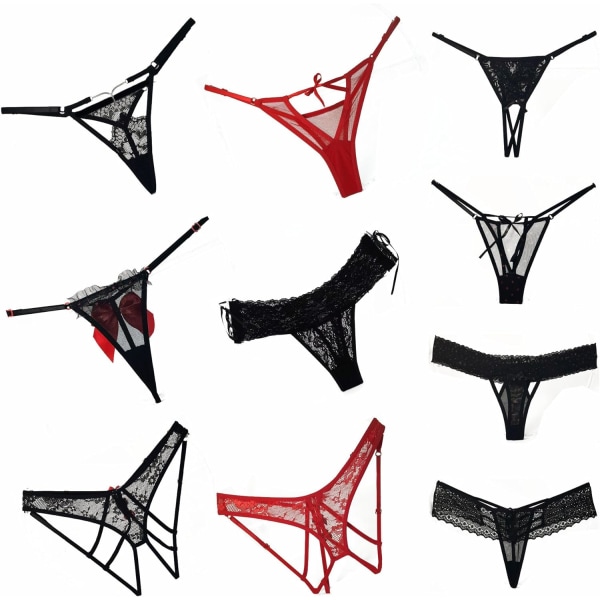 FLOWERS Damunderkläder för kvinnor, 10-pack med olika trosor – G-string, stringtrosor, utan gren – Justerbar midja – Svart och