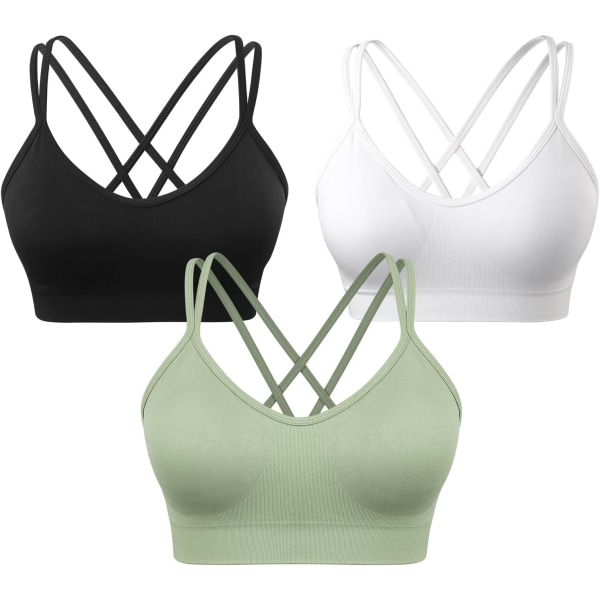 NG Dam Cross Back Sport-BH Vadderad Rem Sports-BH med Medium Support Yoga-BH för Träning Fitness 3-pack 3pack(svart+vit+grön) Stor