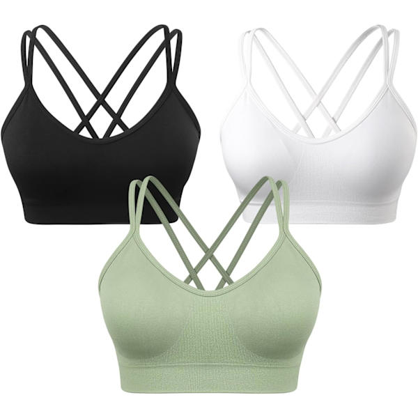 NG Sport-BH för kvinnor med korsrygg, vadderad, med remmar, medium stöd, yogabh för träning och fitness, 3-pack (svart+vit+grön), small