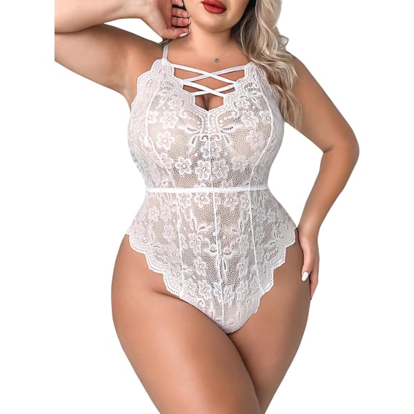 nalla Dam Plus Size Spets Bodysuit Sexig Lingerie En Delig Babydoll Lingerie Vit 3X-Large