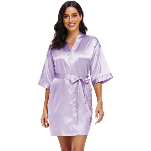 Bund Dam Satin Robe Silke Kimono Badrock Ren Kort Sexig Nattkläder Brudtärna Brud Fest Robes med Ficka Lilacpurple Liten