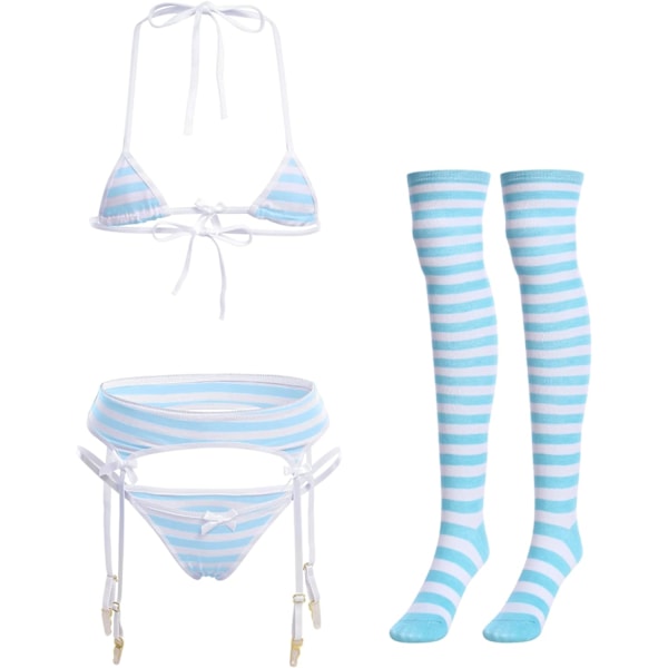FIP Dam söt Kawaii Anime Lingerie Set Halter Strap Micro BH Tiny Trosa Strumpeband Randiga Strumpor 4 st Underkläder, Blå One Size