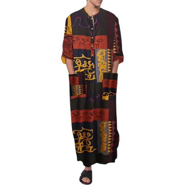 MVA Muslimsklänningar för män Långärmade Randiga Henley-skjortor Kaftan Muslim långklänning Thobe Robe för män Y-symbol 3X-Large