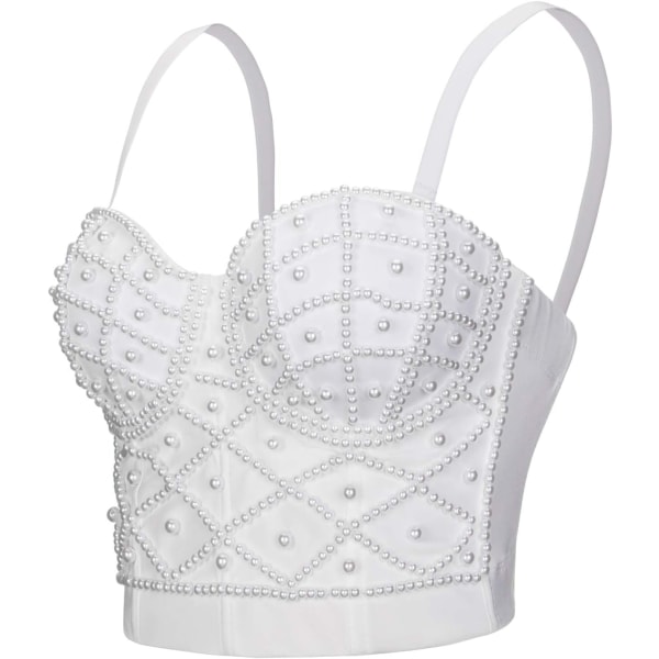 nyi Dam Strass Pärlor Bustier Korsett Crop Top Club Fest Bh Vit Stor