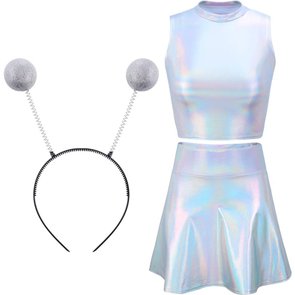 allic Topp Sleeveless Crop Tank Top Plisserad kjol med pannband för Raves Halloween Cosplay Flerfärgad Medium