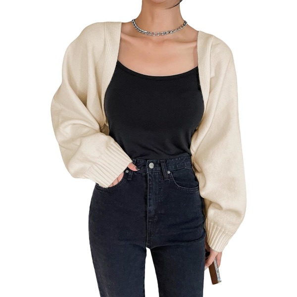 dusa Kvinnors långärmad Öppen Front Stickad Crop Cardigan Sweater Shrug Aprikos Large