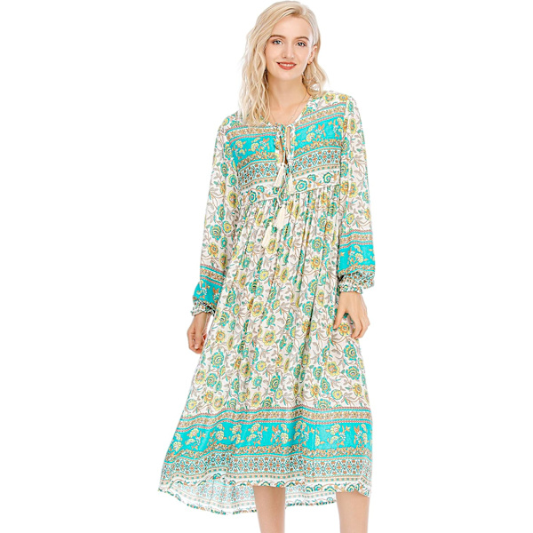ivimos Dam långärmad blommig retro V-ringning tofs casual bohemisk midiklänningar multi-grön XX-Large