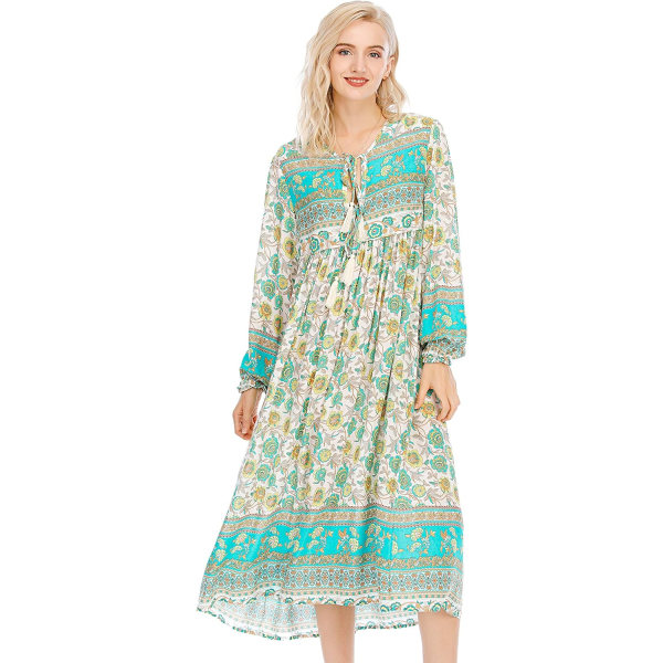 ivimos Dam långärmad blommig tryck retro V-ringad tofs casual bohemisk midiklänningar multi-grön X-Large
