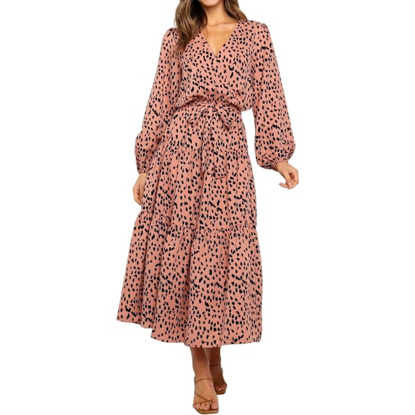 ivimos Dam långärmad casual klänningar wrap V-ringad prickar volang flödande midiklänning med bälte rosa liten