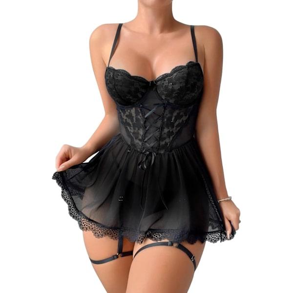 osy Sexig bygel söt genomskinlig Kawaii strumpeband bälte underkläder set behå och trosor 3 delar babydoll spets B medium