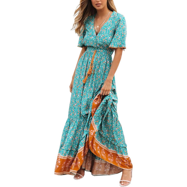 ivimos Dam Sommar Bomull Kortärmad V-hals Blommig Tryck Casual Bohemian Midiklänningar Grön X-Large