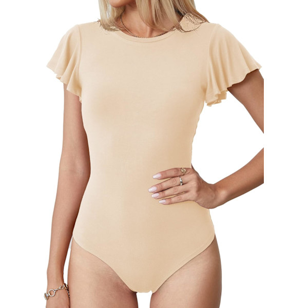 LASI Dam Crew Neck Bodysuit Ruffle Korta Ärmar Slim Fit Casual Basic Stretchy Body suit Daglig Jumpsuit T-shirts 03 Nude 3X-Large