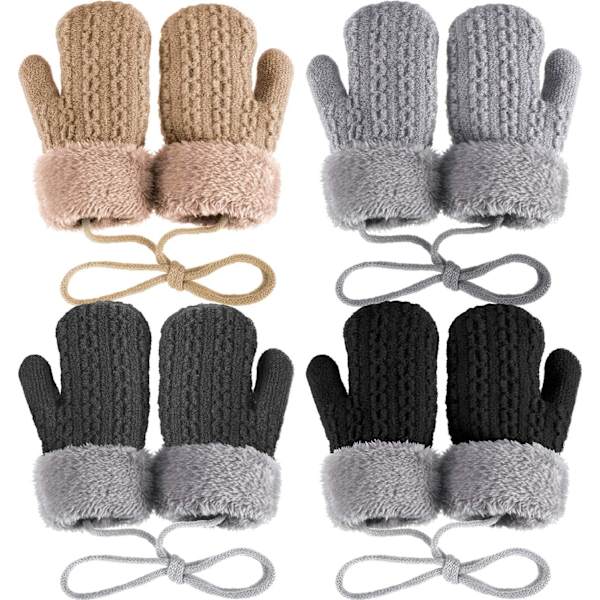 airs Vinter Barn Stickade Vantar Tjockna Plysch Varma Ullhandskar med Snöre (Svart, Ljusgrå, Beige, Mörkgrå), Svart,