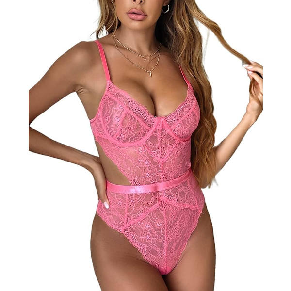 EEY Dam One Piece Lingerie Deep V Teddy Sexy Lace Bodysuit Halter S-XXL Rose Pink Large