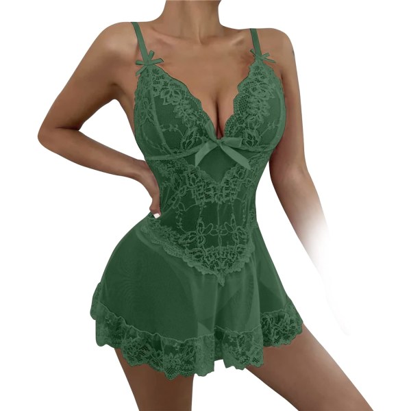 e Salve Underkläder Spets Nattlinneklänning – Babydoll Ärmlös Se Through Sleepwear Grön X-Large