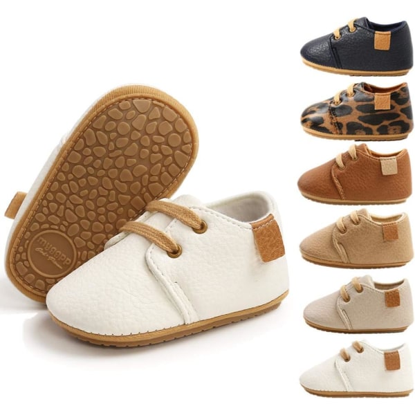 eGoi Baby Boys Girls Oxford skor PU läder mjuk gummisula sneakers halkfria småbarns ankelstövlar spädbarn gående mocc A/vit 12-18 månader småbarn