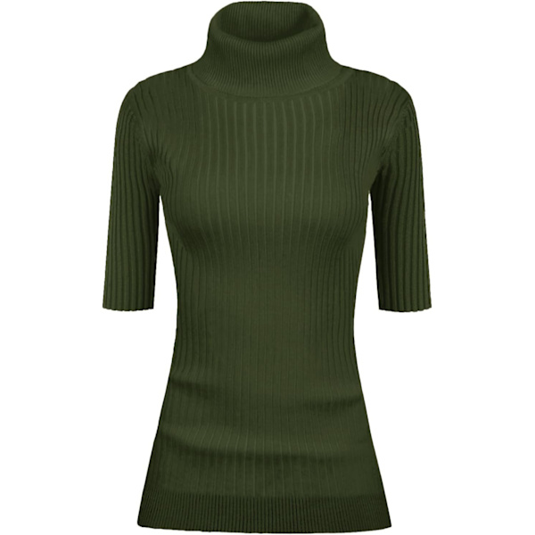 Kvinnors Turtleneck 1/2 Halv Ärm Hög Stretch Ribbstickad Åtsittande Tröja Oliv X-Small