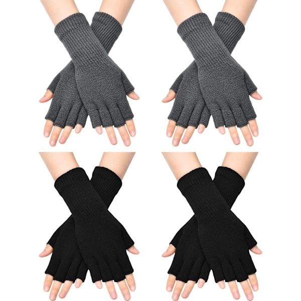 INIOR Fingerless Handskar för Kvinnor Halvfinger Skrivhandskar med Lång Handledsmanschett Vinter Stickade Fingerlösa Vantar för Kvinnor Svart, Mörkgrå 4