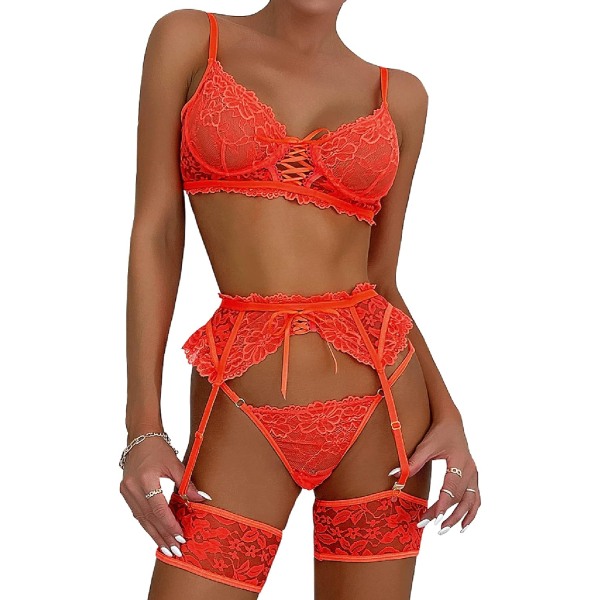 RYMEI underkläder för kvinnor 3-delat underkläder set med strumpeband Bh och trosor Sexiga spets Bodydoll Teddy Underkläder... Orange Large