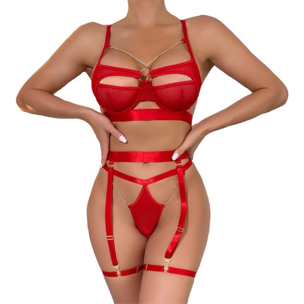 uitjoy Lingerie Sets, Sexig Lingerie 3-delat set för kvinnor, Röd och Svart Lingerie Sets Röd Stor