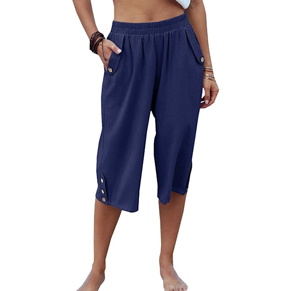 aer Dam Capribyxor Casual Cropped Byxor Elastisk Midja Sommarbyxor 3/4 Längd Byxor med Fickor S-XXL Blå XX-Large