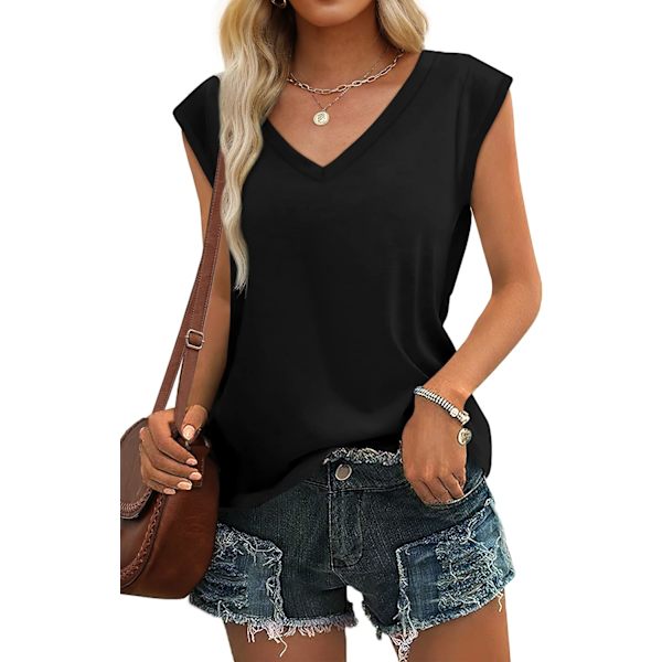 EFAN Dam Cap Sleeve V-hals T-shirts Toppar Basic Casual Tank Tops Lös Passform 02-svart XX-Large
