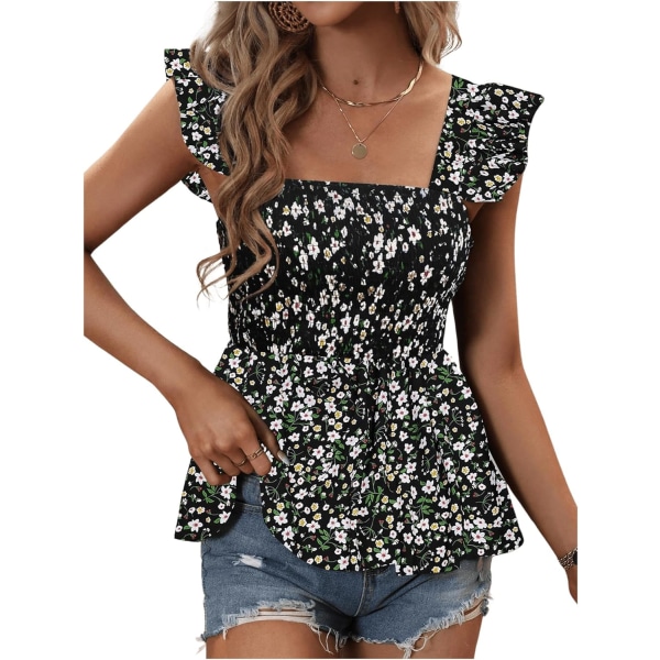 dusa Dam Floral Print Tie Back Ruffle Trim Sleeveless Peplum Blus Shirred Top Floral Svart Liten