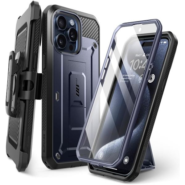 CASE Unicorn Beetle Pro Fodral för iPhone 15 Pro 6.1\", Inbyggt skärmskydd & Stativ & Bältesklämma Heavy Duty Rugged Mountain