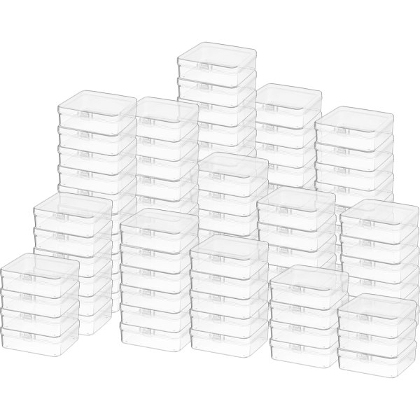 INIOR 100 st klara plastpärlor Förvaringsbehållare Låda Liten genomskinlig låda med gångjärn Liten case Mini fyrkantig 3,3 X 3,3 X 1,1 tum