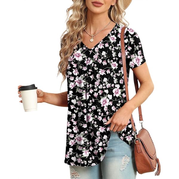 LASI Dam Sommartoppar V-hals Korta Ärmar Casual Skjorta Flytande Tunika Blus Rosa Blomma Stor