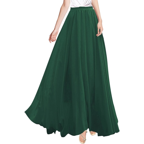 Kvinnor Full/Ankel Längd Elastisk Plisserad Retro Maxi Chiffon Lång Kjol Djungelgrön X-Large
